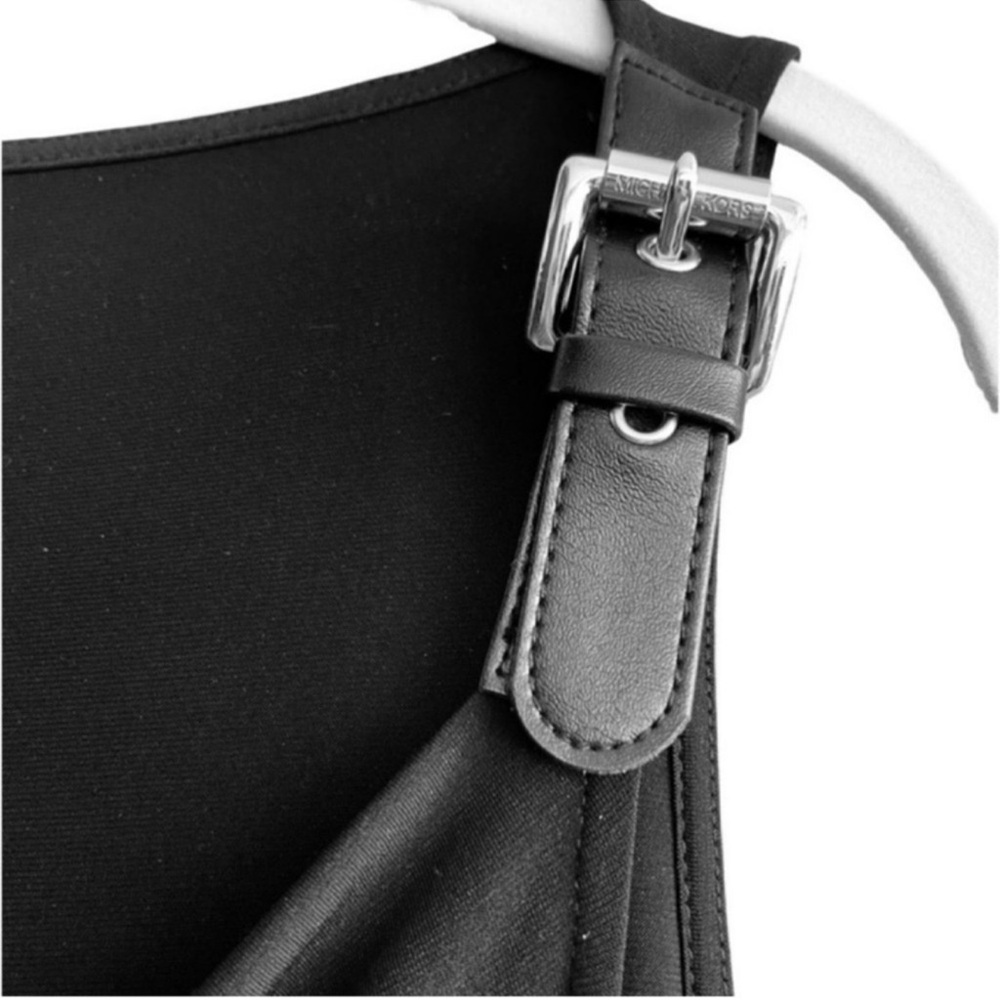 Michael Kors Draped Neck Dress Leather shoulder Straps Black Size L - Picture 3 of 9